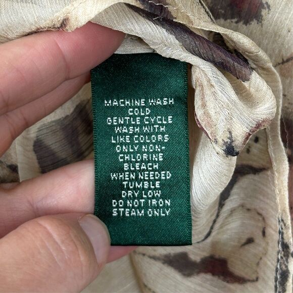 LRL Ralph Lauren Georgette Split Neck Tunic Petite L Tan Floral Sheer Fairy Boho - Picture 15 of 15